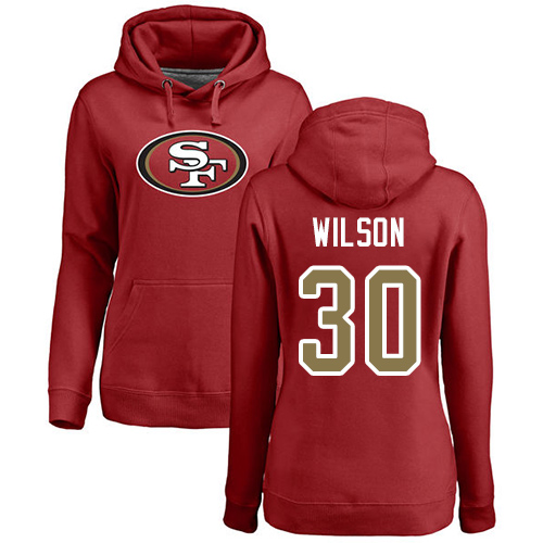 San Francisco 49ers Red Women Jeff Wilson Name and Number Logo #30 Pullover NFL Hoodie Sweatshirts